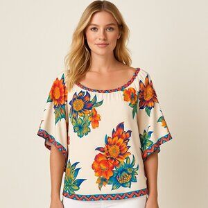 Boston Proper Floral Boho Peasant Top  – Tropical Festival Vacation Blouse SZ M